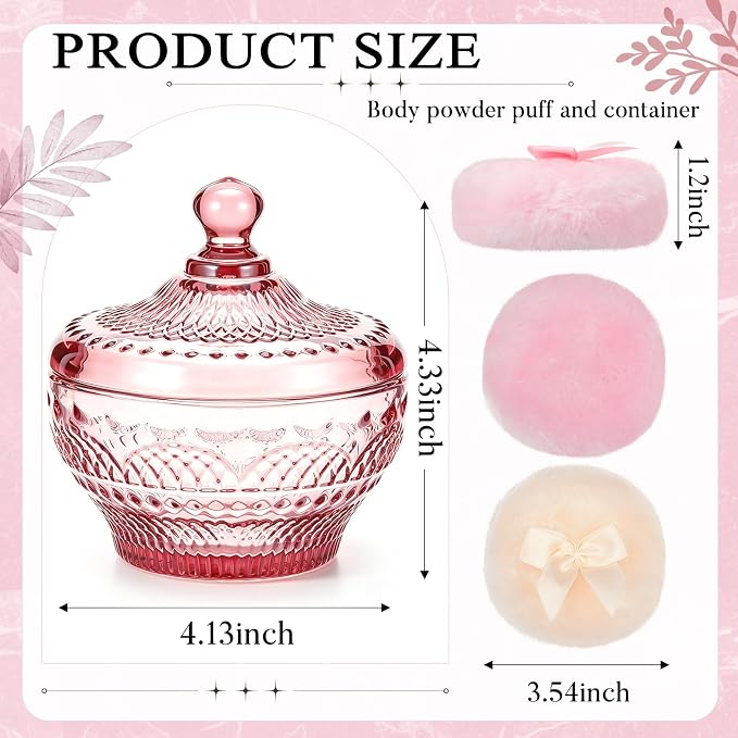 Tioncy 3 Pcs Large Body Powder Puff and Container Valentine's Day gift Powder Container with Puff Crystal Case Soft Washable Reusable Velour Face Body Glitter Wet Dry Makeup (Retro,Purplish-red)