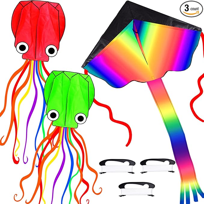 3 Pack Octopus Kite - 3D Beach Kites for People & Kids (Blue, Green, Red) - Easy to Fly, Kite Kit with 100M String