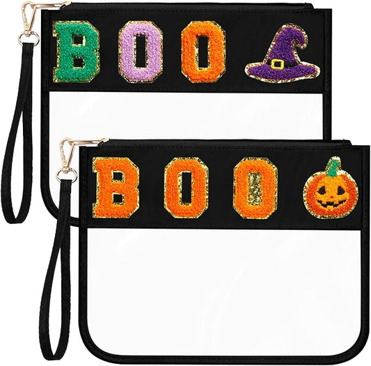 Remerry 2 Pcs Halloween Christmas Chenille Letter Clear Pouch Candy Treat Snack Goodie Bag PVC Makeup Cosmetic Bag Waterproof Preppy Purse Gifts for Women Girls (Boo Pumpkin & Witch Hat Set)