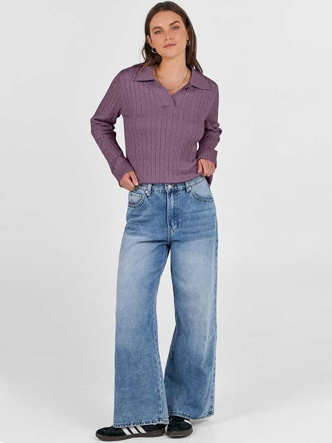 ANRABESS Womens Cable Knit Sweaters Long Sleeve V Neck | Pullover Collared Sweater Tops, Polo Knit Shirts, Business Casual Work, Tennis Golf, Fall Winter Fashion Outfits