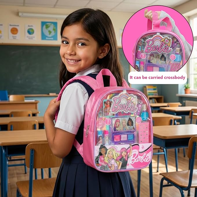 Barbie Makeup Filled Backpack Set, Including Lip Balm, Nail Polish, Nail File, Hair Bows Ages 3+ for Parties, Sleepovers Makeovers, by Townley Girl