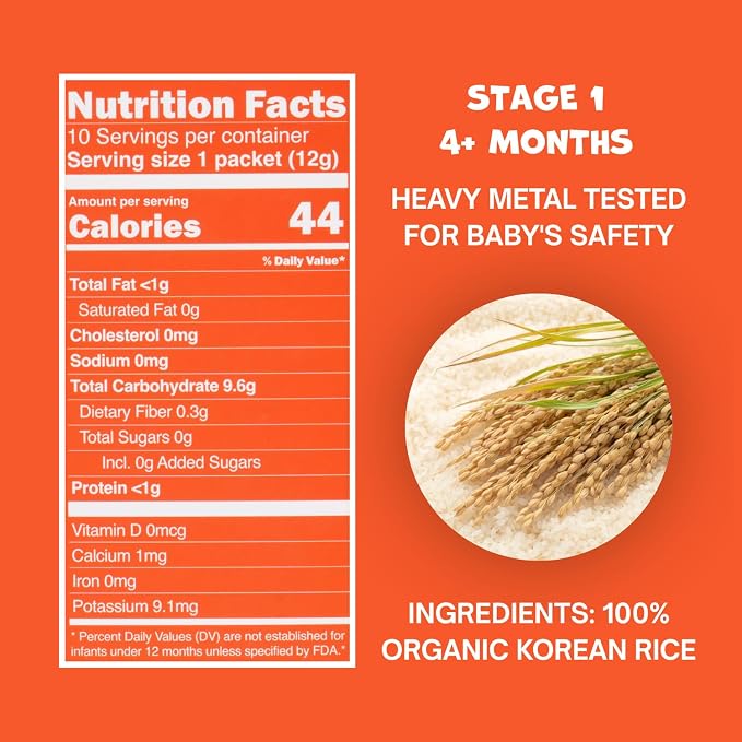 BARI Organic Baby Rice Porridge – Stage 1 – First Food for Babies 4+ Months | USDA Organic, Heavy Metal Tested, Korean Rice Cereal, No Added Sugar, Gluten-Free | 4.2 oz (10 Packets)