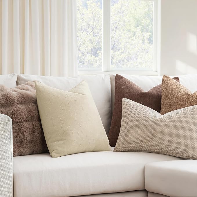 MIULEE 12x20 Inch Lumbar Textured Chenille Throw Pillow Covers Beige | Pack of 2 Decorative Soft Throw Pillows, Solid Textured Cushion Covers, Modern Home Decor for Couch Sofa Bedroom Living Room