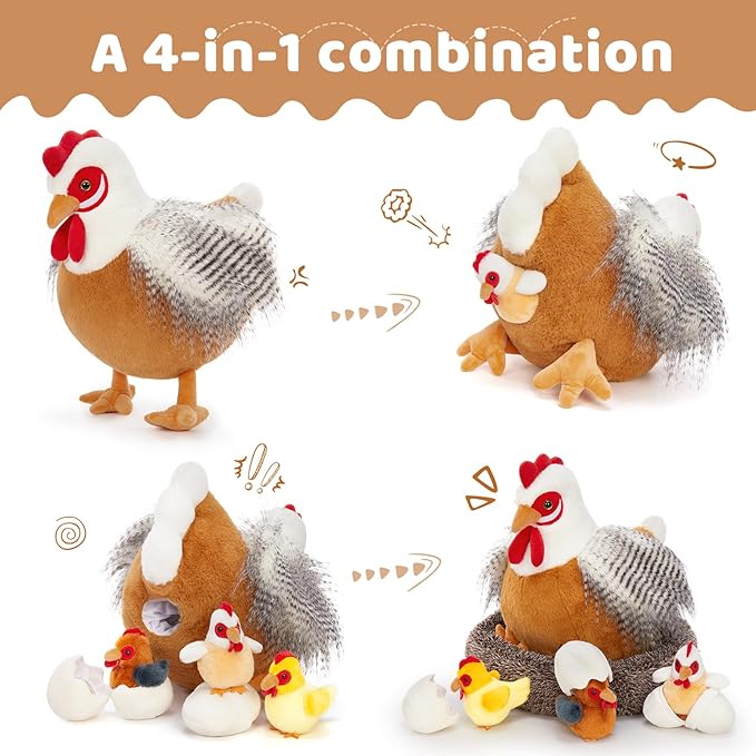 MaoGoLan 8Pcs Chicken Stuffed Animals, Stuffed Laying Hen Chicken Plush Toys with 3 Babies Chickens and 3 Eggs,1 Nest House Plush Set, Cute and Soft Farm Stuffed Animals Gift for Kids,Girls,Boys,White