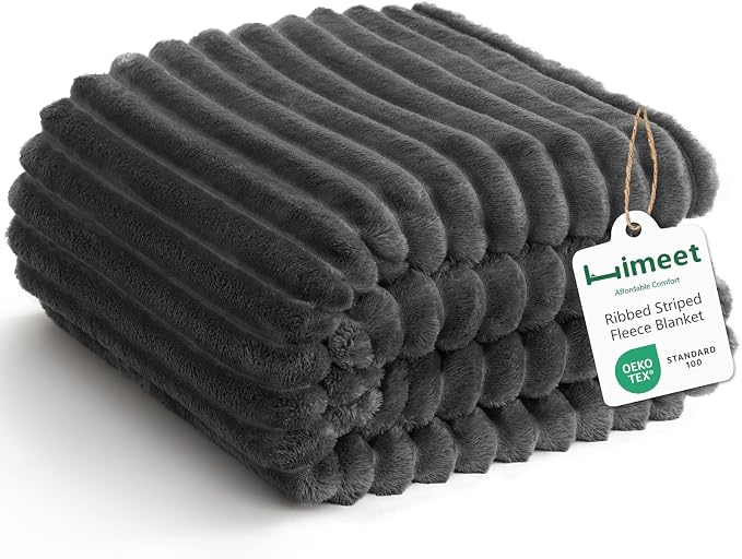 HIMEET Charcoal Grey Throw XL Blanket, 300GSM Ribbed Fleece, 50 x 70 Inches | Ultra Soft Flannel, All-Season Lightweight Warmth, Extra Coverage for Couch Lounging, Home Room Decor, Machine Washable