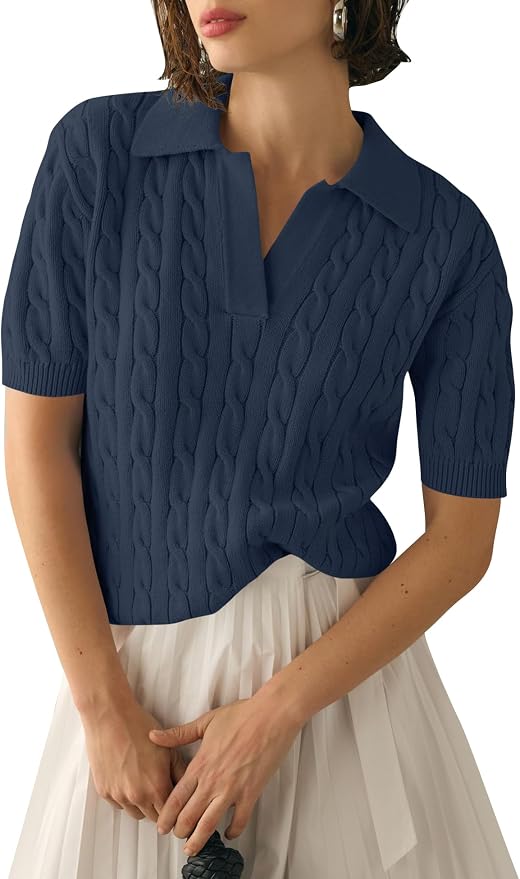 Micoson Womens Short Sleeve Sweater Tops Lapel V Neck Polo Shirts 2026 | Summer Cable Knit Loose Blouses, Business Casual Outfits