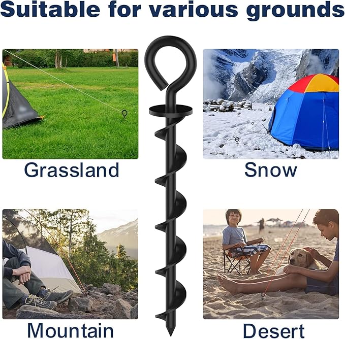 Eurmax USA 4 Pack Heavy Duty Ground Stakes,Industrial Grade Spiral Steel Screw-In Anchors with 4 Bonus Tie-Down Ropes,High Wind Stabilizing Kit for Trampolines,Dog Tie-Out,Canopies,Outdoor Sheds,Black