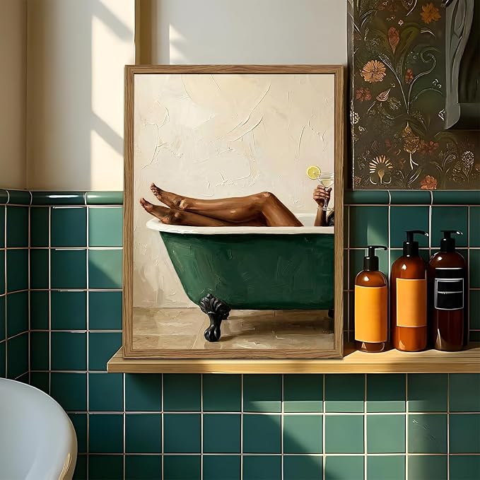 Black Woman Green Bathtub Wall Art Modern Luxury Bathroom Wall Decor Painting, Vintage Afrocentric Girl Bathroom Poster Canvas Print Picture 16x24 inch Wood Framed