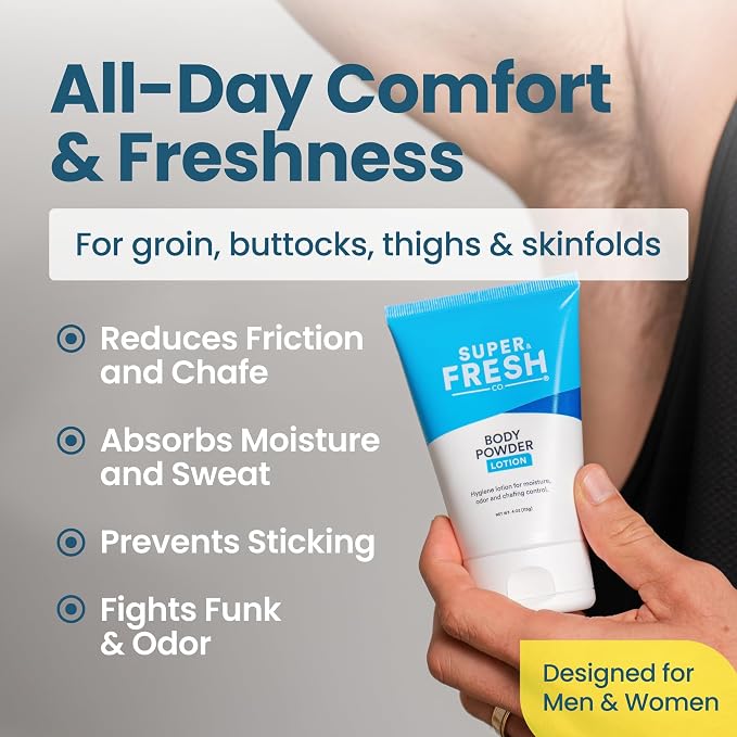 Super Fresh Body Powder Lotion Talc Free Anti Chafing Deodorizing No Mess Body Powder Cream for Men and Women Natural Ingredients Two 4 fl oz Tubes for Daily Comfort Sweat and Odor Protection