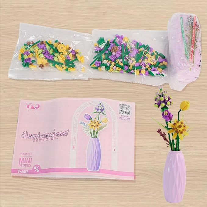 Flower Bouquet Micro Building Set with Vase, Botanical Collection Building Toy, Artificial Flowers Building Blocks Toy Home Office Decor