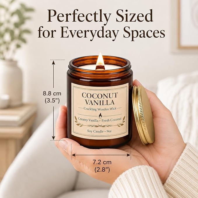 Coconut Vanilla Scented Candles for Home, 9oz Long Burning Soy Candles for Women, Wood Wick Natural Non Toxic Candle Jar, Aromatherapy Candle Gift for Home Bedroom Bathroom Office