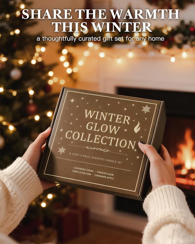 Scented Candles Gift Set, Long Lasting 4 Pack Aromatherapy Candles for Home | 28 oz 200 Hour Burn, Vanilla Balsam, Cinnamon Apple, Cashmere Cedar, Fireside Glow, Gifts