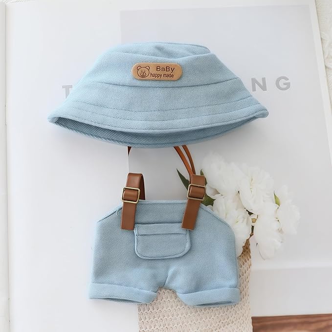 Clothes for Doll Accessories, Stylish Kawaii Overalls Outfit Set 4 Pieces Bib Pants for 15cm 17cm Dolls, Cute Doll Hat Shoes Clothing Set Replacement Blue (No Dolls)