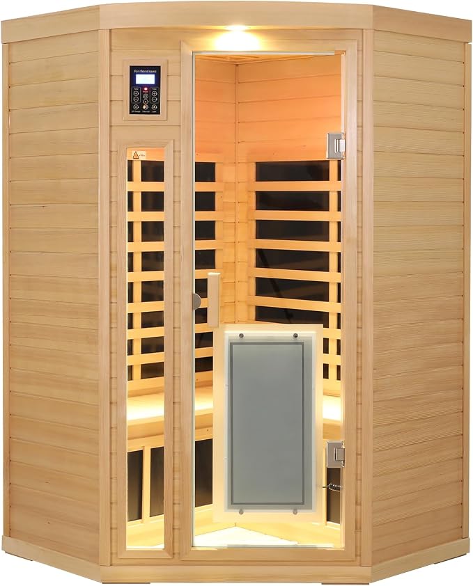LTCCDSS 2-3 Person Corner Sauna, 8 Ultra Low EMF (0-5mG) Heaters, 1670W Hemlock Infrared Sauna, 1 Outdoor Lamp, 3 Color Lamps, 2 Read Lamps, 2 Bluetooth Speakers