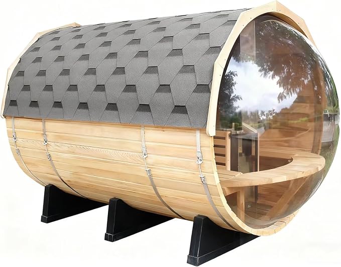 Outdoor Panoramic Barrel Sauna, 6-8 People Canadian Hemlock Steam Sauna, Garden Traditional Wooden Saunas with Canopy, 6KW TOULE Heating Furnace, Rocks, Water Bucket, Spoon, Light