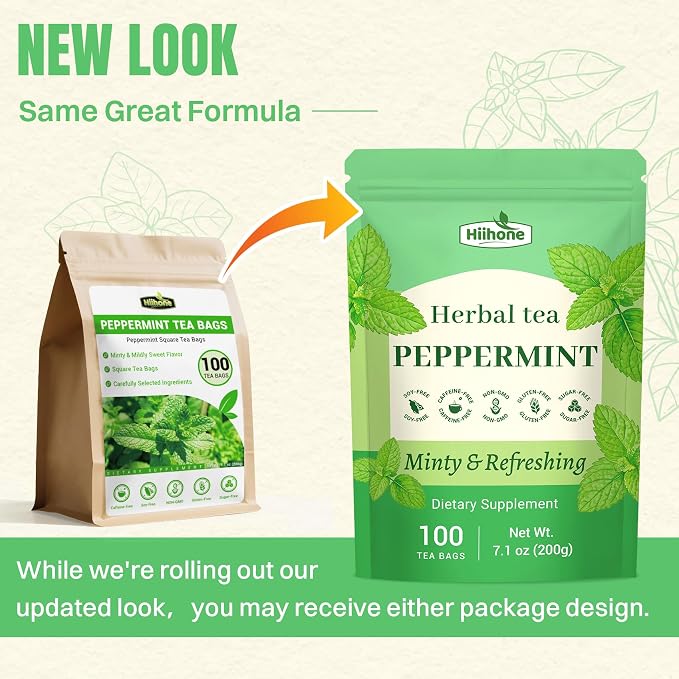 Hiihone Peppermint Tea Bags 100 Count – Pure Peppermint Mint Tea, Caffeine-Free Herbal Tea, Cooling & Refreshing, Non-GMO, Soothing, Supports Digestion & Fresh Breath, Hot or Iced