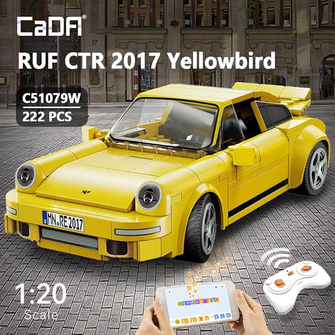 CaDA C51079w 911 RUF Style Racing Building Block Model, 222 Pieces of Precision Assembled 1:20 Yellow Bird Racing Car, Programmable Adult Collection Mini Mechanical Group