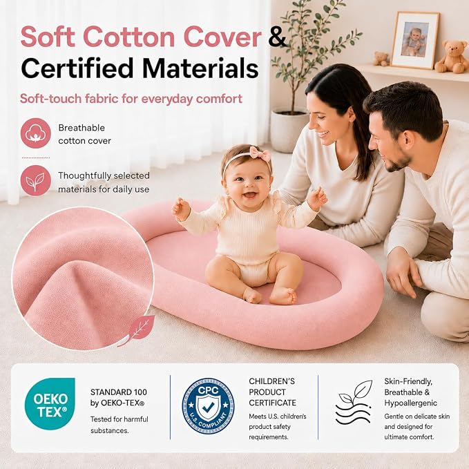 Baby Lounger for Newborns 0-24 Months, Soft Breathable Cotton Infant Support Cushion for Tummy Time & Play, Portable Infant Lounger, Baby Essentials - Dusty Rose (Cover Included)
