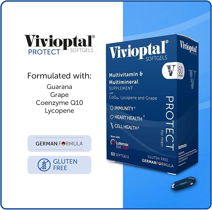 Vivioptal Men, 60 Capsules, CoQ10, Lycopene & Resveratrol, Multivitamin & Multimineral, Gluten Free, German Formula