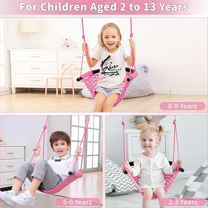 Hi-Na Tree Swing for Kids, Adjustable Toddler Rope Swing Seat with Snap Hooks and Straps, 440 lbs Capacity, Swingset Accessories for Indoor Porch Doorway Outdoor Playground Backyard (Pink)