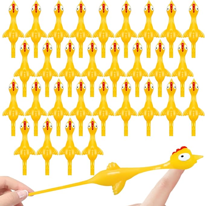 Dshengoo 30 Pack Finger Slingshot Chicken Rubber,Flick Stretchable Flying Sling Shot Chick Fingers for School Reward Halloween Birthday Party Favors White Elephant Gift Exchange