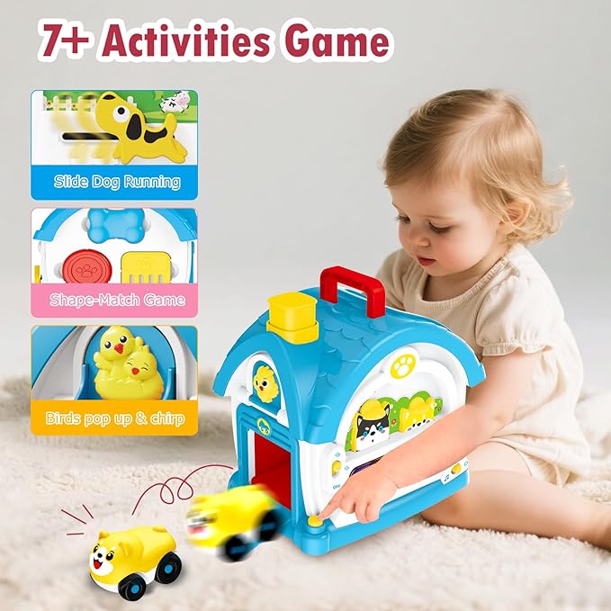 Interactive Toys for 1 2 3 Year Old Boy Gifts, Baby Musical Toy House with Stuffed Puppy, Car, Learning Educational Toy for Toddler 1-3, Christmas Birthday Gifts for 1 Year Old Boy (Blue)