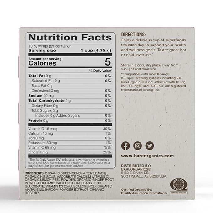 BareOrganics Daily Defence Tea - Organic Tea Pods for Keurig with Superfoods and Probiotics, Green Tea K Cups, 10ct single serve Cups