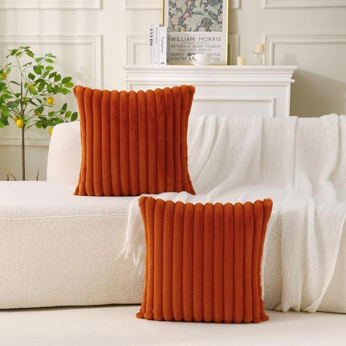Decorative Throw Pillow with Inserts, Set of 2 Soft Faux Fur Throw Pillows, Square Boho Striped Pillow for Couch, Bed, Sofa Decor (Brownish-Orange, 16" x 16"(Pack of 2))