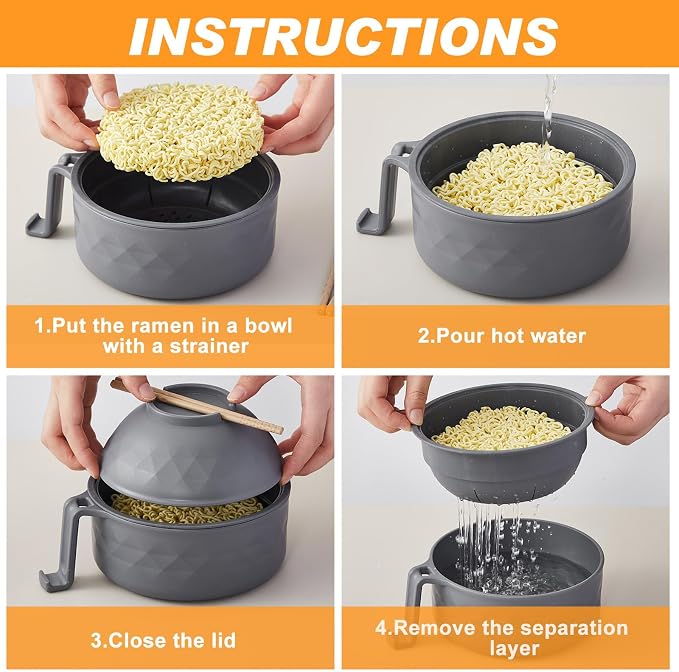 1 Set Microwave Ramen Cooker 40oz Wheat Straw Microwave Noodle Bowl Set with Chopsticks, Spoon, Fork, College Dorm Office Apartment Essentials (Gray)