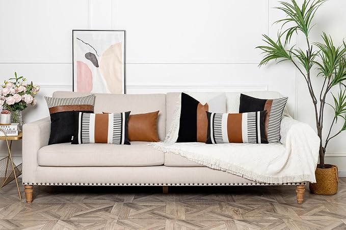 2 Pack 12x20 Lumbar Throw Pillow Covers, Faux Leather & Cotton Canvas with Black Stripes, Rectangular Decorative Pillow Case for Living Room, Sofa, Couch, Bedroom, Modern Farmhouse Home Decor