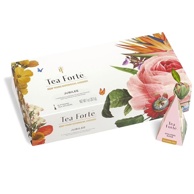 Tea Forte Premium Petite Presentation Box Gift Set Sampler, 10 Count, 2 of Each Blend Individually Wrapped Handcrafted Pyramid Infuser Bags, Jubilee