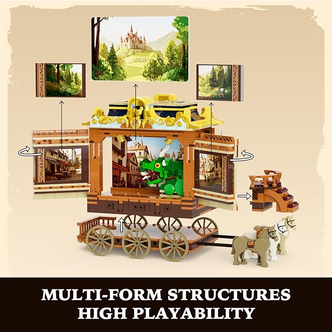 Medieval Troupe Carriage Lighting Building Bricks Set - Middle Ages City Town Playset Multi-Form Modular Collection Display Kit with Minifigures 1248 Pcs for Adults & Teens