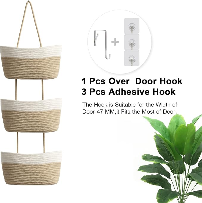 TeoKJ Over the Door Hanging Basket, 3-Tier Woven Cotton Wall-Mounted Storage Organizer Bag Decorative Hanging Nursery Baskets, White & Jute