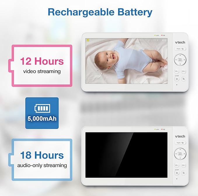 VTech Video Baby Monitor with 7" Color LCD Screen, Portable, Long Battery Life, Clear Audio/Video Quality, Secure Transmission, No Wi-Fi, 2-Way Audio, Temperature Sensor, Travel Monitor: 819 Max