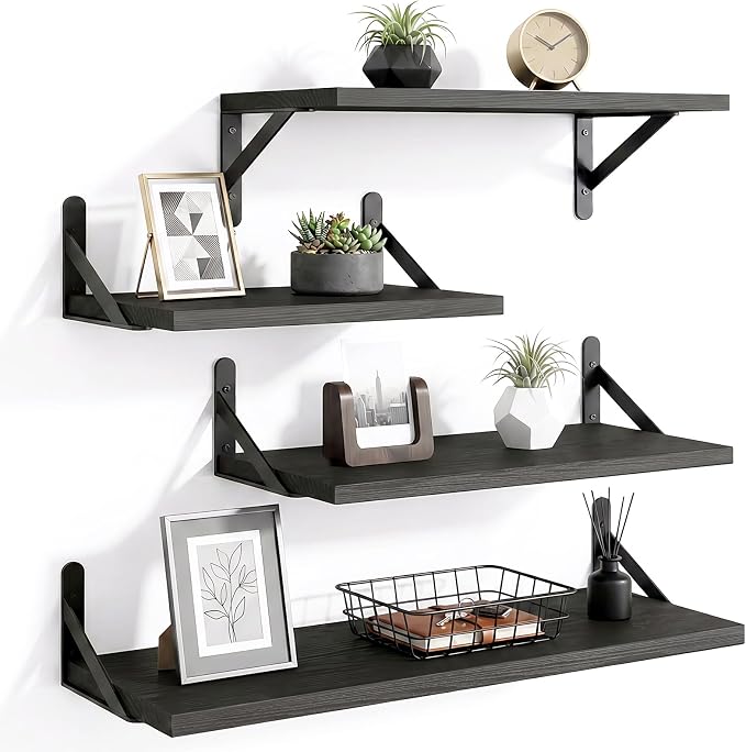 YGEOMER Wall Shelves, Black Floating Shelves Different Sizes for Living Room, Bathroom, Bedroom, Kitchen, Home Decor (Set of 4)