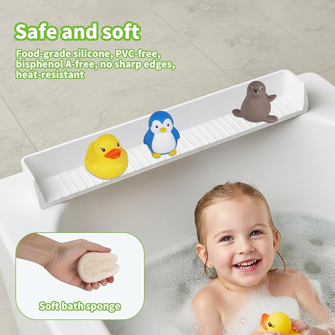 Bathtub Splash Guard for Kids, 2.62Ft Longer Silicone Bathtub Water Guards Play Shelf with 11 Suction Cups, Toy Tray Caddy Holder for Tub,Water Leak & Splash-Proof,Bath Tub Ledge Shelf for Kids, White