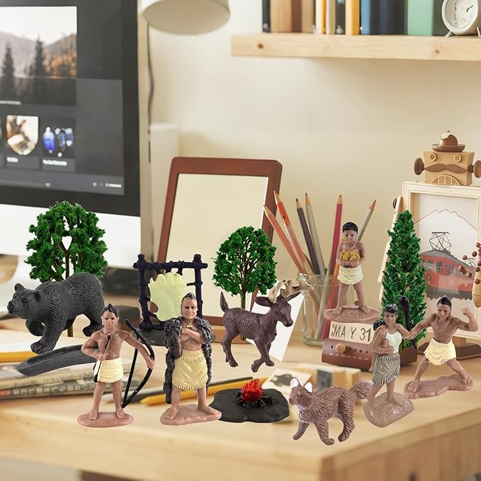 Native American Figurines Set Miniture Indian Figure Toys Indian Figurines for Kids Powhatan Indians Figures Playset Includes Camp Fire Deer Bear Fox Trees for Birthday Diorama School Projects 32 Pcs
