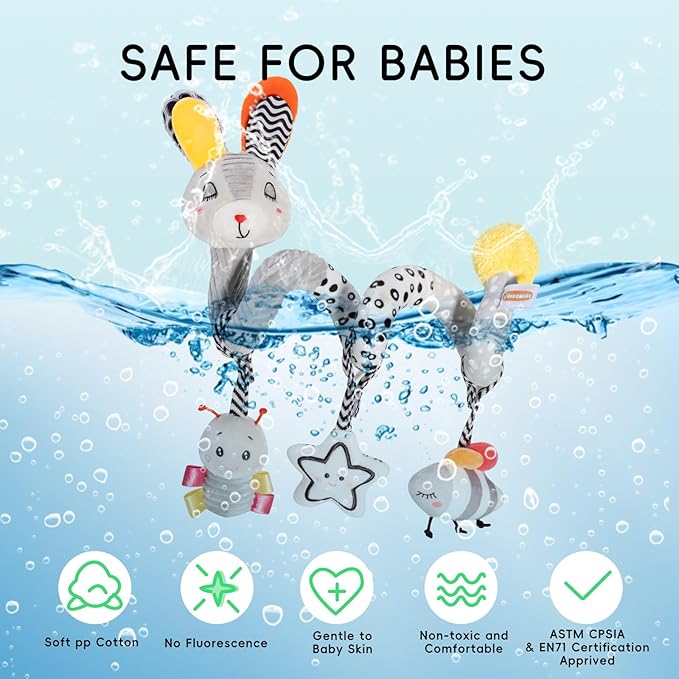 Baby Spiral Activity Toy for Crib Car Seat & Stroller, High Contrast Newborn Sensory Toys 0-12 Months with Soft Plush, Rattle & Crinkle Sounds, Perfect Infant Developmental Gift for Boys & Girls