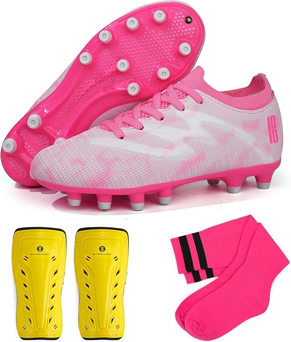 brooman Kids Firm Ground Soccer Cleats Boys Girls Football Shoes with Shin Guards and Soccer Socks