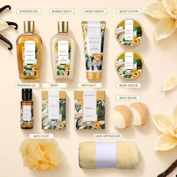 Spa Gift Baskets for Women, Luxetique Spa Kit for Women, 12pcs Vanilla Bath and Body Sets, Birthday Gifts, Self Care Gifts for Mom, Wife, Girlfriends