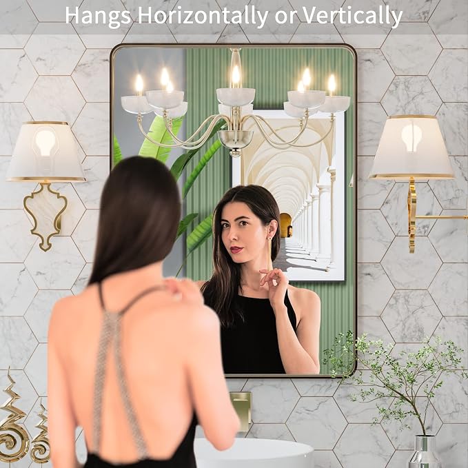 LOAAO 20"X30" Bronze Bathroom Mirror for Vanity | Rounded Rectangle, Brushed Bronze Metal Frame, Anti-Rust, Hangs Horizontally or Vertically