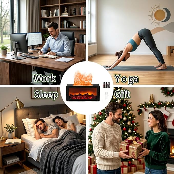 Fireplace Flame Diffuser, 300ML Essential Oil Diffuser with 7 Color Realistic Flame Light, Remote & Timer Aromatherapy Scent Diffuser for Home Bedroom Office Yoga