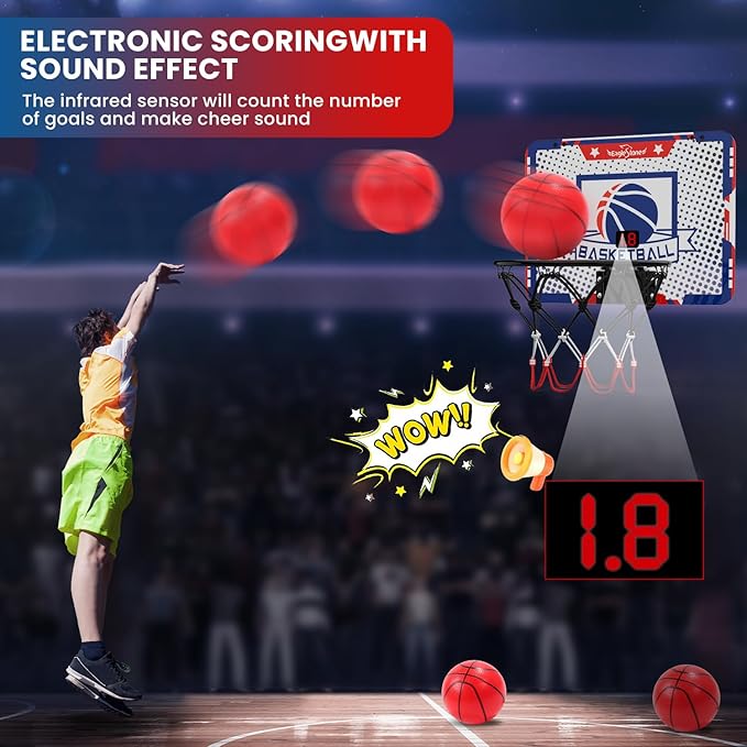 EagleStone Mini Indoor Basketball Hoop with Scoreboard,4 Balls & Pump,Over The Door Bedroom Office Basketball Hoop for 6 7 8 9 10 11 12+ Year Old Kids Boys