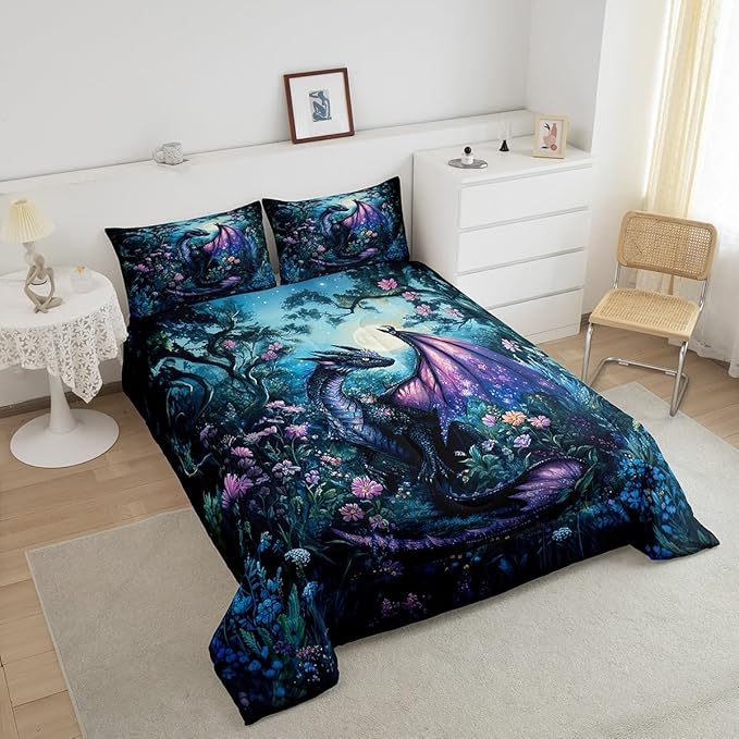 Feelyou Dragon Comforter Set Toddler Size Dragon Stuff Comforter for Boys Girls Teens Wild Life Bedding Set Jungle Dragon Duvet Set Room Decor Balck Blue Quilt Set