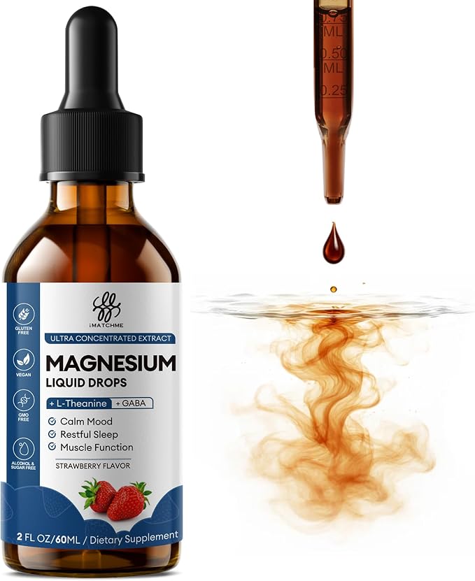 Liquid Magnesium Glycinate Drops for Sleep Support & Nighttime Calm,Magnesium Drops with Chamomile, Ashwagandha, L-Theanine & GABA for Relaxation Support, Gentle Absorption, Strawberry Flavor, 2 Fl Oz