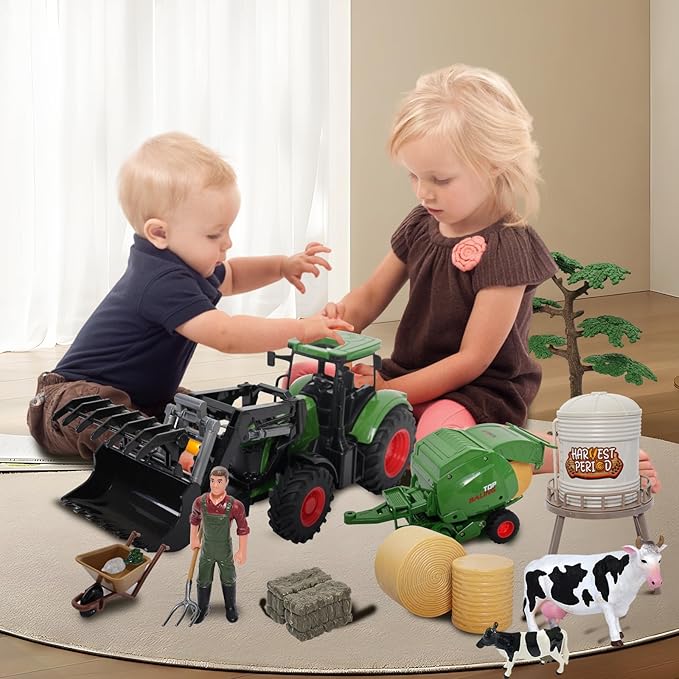 Farm Tractor Toys Set Bale Haying Round Baler with Barn, Farmer,Cow,Farm Tools,Tree Farm Tractor Pla yset for Kids Toddler Boys Girls Ages 3-7 Years