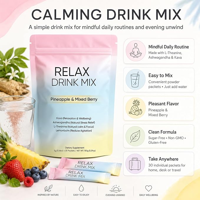 Relax Calming Drink Mix with L-Theanine, Ashwagandha & Kava, Sugar-Free Powder Packets for Evening Unwind & Daily Relaxation Routine, Non-GMO, Gluten-Free, Pineapple & Mixed Berry, 30 Packets (1)