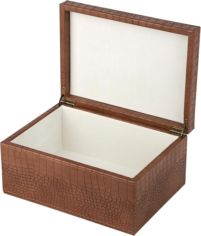 HofferRuffer Faux Leather Decorative Box, Large Wooden Structure Keepsake Box Accessory Organizer Jewelry Organizer with Hinged Lid, Storage Container for Home or Office (CrocoBrown)
