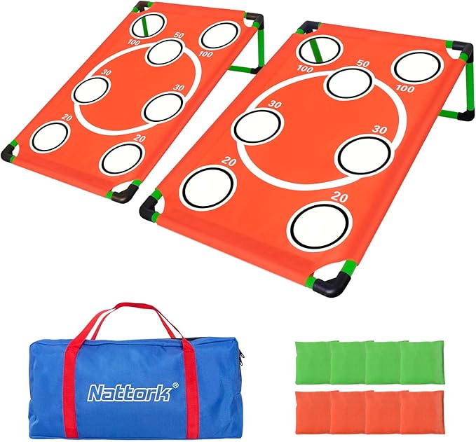 Portable Cornhole Set PVC Framed Corn Holes Outdoor Game Set with 2 Cornhole Boards, 8 Cornhole Bean Bags and Carrying Case, Camping Games Indoor Outdoor for Adults, Travel Camping Accessory