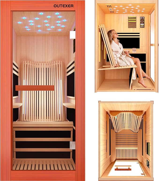 OUTEXER Infrared Sauna 1495W Wooden Saunas Spa Room Pacific Clear Cedar Wood Single Person Indoor Saunas with Special Shaped Comfortable Backrest 32.68 * 47.24 * 69.29 Inch